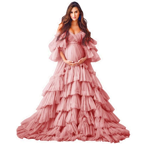 ZQSEP Puffy Ruffles Tulle Maternity Dresses for Photoshoot Off Shoulder Bridal Lingerie Baby Shower Pregnancy Robe