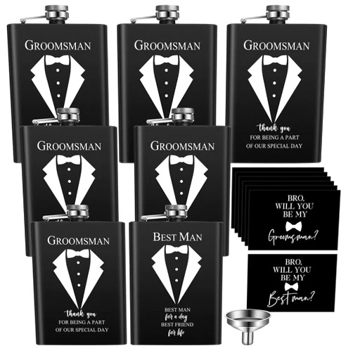 Nuanchu 7 Set Groomsmen Gifts Groomsmen Flask 8oz Wedding Proposal Gift for Best Man Groomsman Stainless Steel Hip Flask Best Man Proposal Cards Will You Be My Groomsman for Bachelor Party Favors