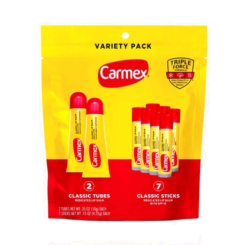 Carmex Classic Medicated Lip Balm Pack, Lip Moisturizer for Chapped Lips, 9-Count Variety Pack Bag (2 Tubes, 7 Sticks)