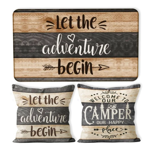 M-Qizi Camper Decor Doormat Pillow Cover Set - 1 * 30''x17'' Camper Rugs for Inside, 2 * 18x18 Camper Pillows Cover, RV Decorations for Inside Camper - Let The Adventure Begin