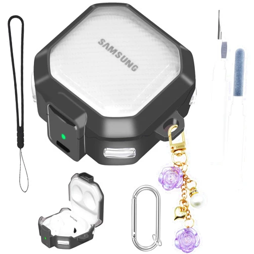 GAFKIDFO Secure Lock Cover for Galaxy Buds FE/2 Pro/Pro/Live Clear Case - 5in1 Kit Snap Switch Silicone Cover for Galaxy Buds Fe Case Accessories with Wrist Strap Cute Flower Pendant Keychain Cleaner Pen Black