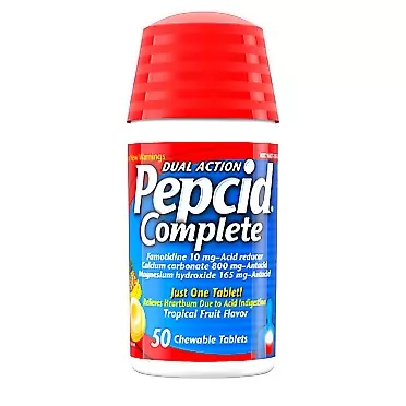 Pepcid Complete Acid Reducer + Antacid Chewable Tablets, Tropical Fruit, 50 ct
