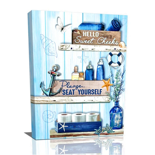 citari Bathroom Decor Wall Art Navy Blue Pictures Funny Rustic Farmhouse Signs Please Seat Yourself Canvas Painting Print Beach Nautical Sea Turtle Artworks12''x16''