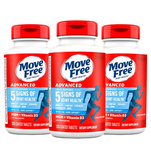 Move Free Advanced Glucosamine Chondroitin MSM + Vitamin D3 Joint Support Supplement, Supports Mobility Comfort Strength Flexibility & Bone + Immune Health - Tablet, 3x120ct Bottles (120 servings)*