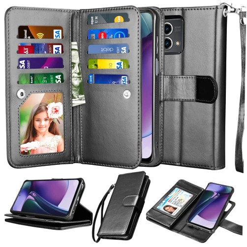 NJJEX Wallet Case for Motorola Moto G Power 5G 2024, for Moto G Power 5G 2024 Case, [9 Card Slots] PU Leather ID Credit Holder Folio Flip [Detachable] Kickstand Magnetic Phone Cover & Lanyard [Black]