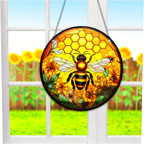 HOTIYOK Bee Beehive Window Hangings Acrylic Flowers Insect Suncatcher Stained Glass Panels Wall Decor For Indoor, Ideal Housewarming Gift Home Decor For Mom Grandma Wife Teacher