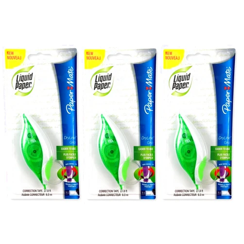 Paper Mate 660415 Liquid Paper DryLine Grip Correction Tape Dispenser, Pack of 3; Transparent Green Body; 1/5 inches Wide x 27.8 feet Long White Tape; Applies Dry, Rewrite Instantly; Swivel Tip