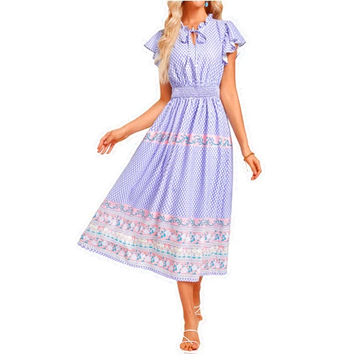 GRACE KARIN Women's Floral Boho Dress Hawaiian Dresse Short Sleeve V Neck Summer Beach Wedding Guest Swing Maxi Sundress