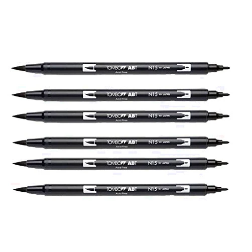 Tombow Dual Brush Pen, Black (66621) Pack of 6 pcs.