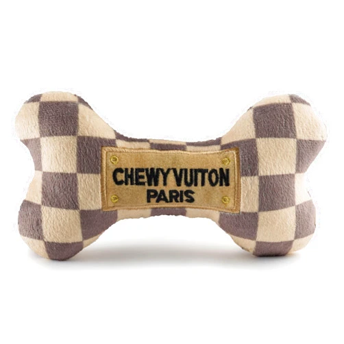 Haute Diggity Dog Checker Chewy Vuiton Bone, Plush Designer Dog Toys with Interactive Squeaker, Stimulating Pet Enrichment, Machine-Washable & Safe Materials for All Breeds, Size Medium