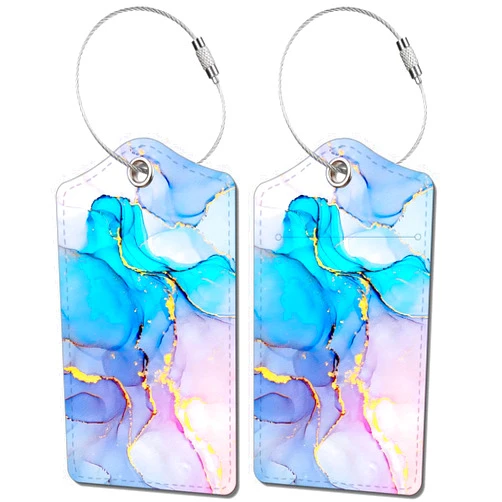 BestEioyo 2 Pack Luggage Tag for Suitcase, Cute Unique Leather Bag Tags Identifiers Privacy Cover ID Label with Durable Steel Loop for Women Men Kids Girls Travel，Marble Blue