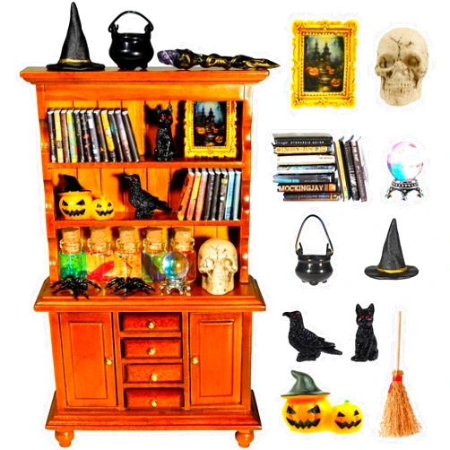 Rileryan 53 Pcs 1:12 Scale Magic Witchy Mini House Kit Halloween Miniatures Accessories Wooden Furnitures Bookshelf Bookcase 30 Mini Books Halloween Decoration