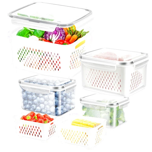 ODOMU 4 Pack Fridge Food Storage Container with Lids, Plastic Fresh Produce Saver Keeper for Vegetable Fruit Berry Salad Lettuce, BPA Free Kitchen Refrigerator Organizers Bins (4.15L+3.15L+1.7L+0.8L)