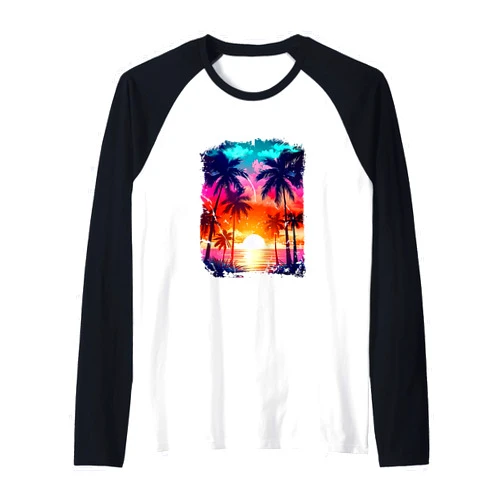 Orange And Aqua Sunset Palm a Trees Beach Orange And Aqua Sunset With Silhouetted Palm a Trees Beach Raglan Baseball Tee
