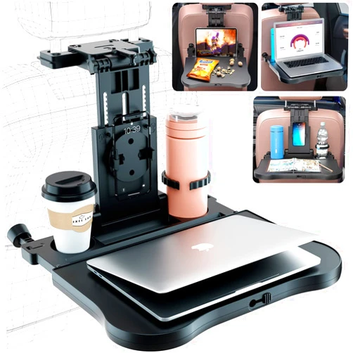 AUEOTUAR Car Back Seat Tray Table - Stable Foldable Auto Backseat Food Trays Desk for Rear Passenger Road Trip Eating & Work, Multifunctional Adjustable Travel Tray with Phone Drink Holder for Laptop iPad