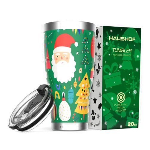 HAUSHOF 20oz Christmas Tumbler, Stainless Steel and Double Wall Insulated Travel Coffee Mug with Lid, Good Choice for Christsmas Gifts-Deep Green with Santa Claus