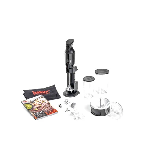 bamix Grill n Chill Immersion Hand Blender – 4 Stainless Steel Interchangeable Blades –400ml & 600 ml Beakers, Processor Attachment, Table Stand, Recipe Book, and Apron – 200 Watt with 2 Speeds