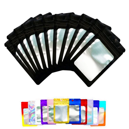 Funnyleaf 100 Pieces Black Resealable Mylar Holographic Bags Food Storage Smell Proof Bags with Front Window Packaging Pouch for Cookies Sample Jewelry Snack,2.36 * 3.94 inches