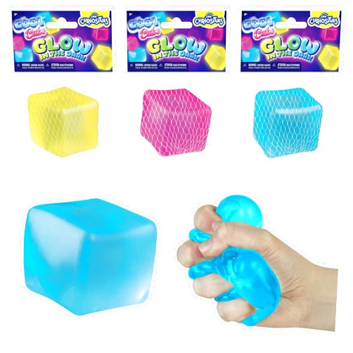 The Orb Factory ORB Curiosities Cool Cubes Glow in The Dark Stress Cube Toys 3 Pack - Fun, Glowing, Slow Rising Squishy Cube Toys - Fidget and Sensory Cubes for Kids and Adults - Squeeze At Home, Desk, or Classroom