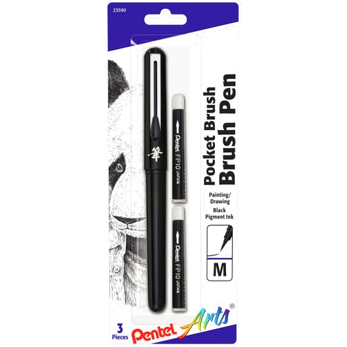 Pentel Arts Pocket Brush Pen with Refills, 1 Pen & 2 Refills