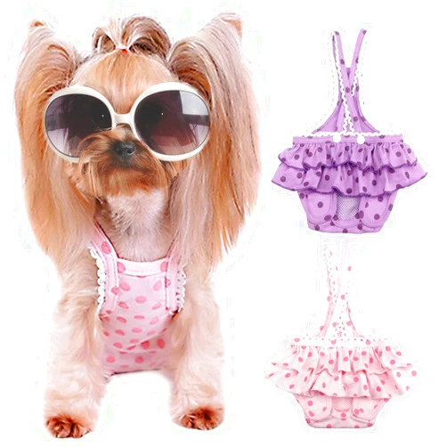JUOMIIEL 2 Pieces Washable Female Diapers with Suspender Comfort Reusable Doggy Diapers Reusable Puppy Sanitary Panties Dog Underwear Diaper for Small Girl Dogs in Period Heat (Pink&Purple, M)