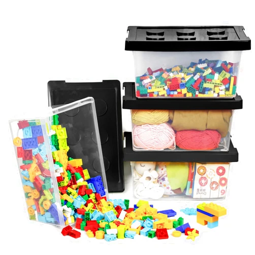 loobuu Toy Storage Organizer Bins with Lid - Stackable Plastic Organizer Box Set of 4, Kids Toy Chests with Compatible Building Baseplate and Lid, Storage Container for Building Bricks & Toys-Black