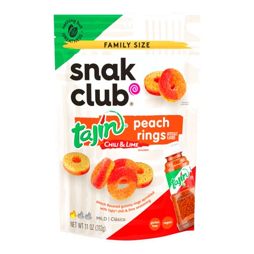 Snak Club Peach Rings, Tajin Chili & Lime Seasoned, Sweet and Spicy Gummy Candy, Mild in Heat Bold in Flavor, Low-Fat, Vegan, Gluten-Free Snack, Family Size, 11 Ounce