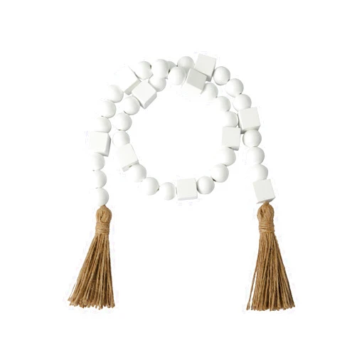 Elifel Decro Wood Bead Garland Tassels White 1 Pack 46inch Farmhouse Boha Beaden Wooden Garlands for Holiday Coffee Table Wall Hanging Tiered Tray Decoration Mantel Shelf Thanksgiving