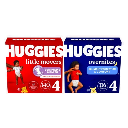 Huggies Little Movers + Overnites Bundle: Huggies Little Movers Baby Diapers, Size 4 (22-37 lbs), 140ct (2 packs of 70) & Huggies Overnites Overnight Diapers, Size 4 (22-37 lbs), 116ct (2 packs of 58)