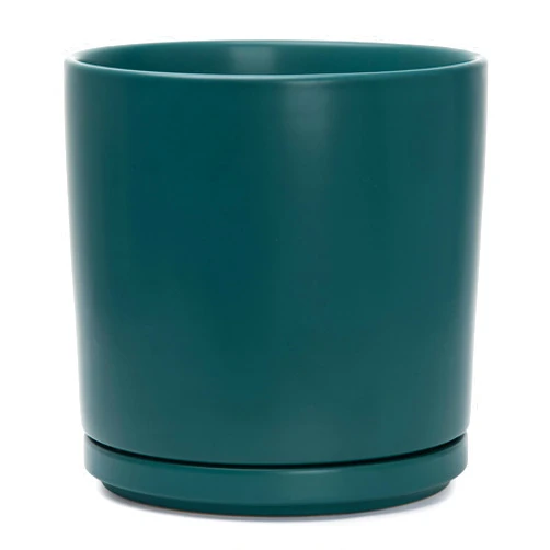 D'vine Dev 10 Inch Ceramic Planter Pot with Drainage Hole and Saucer, Indoor Cylinder Round Planter Pot, Teal, 94-O-E-9