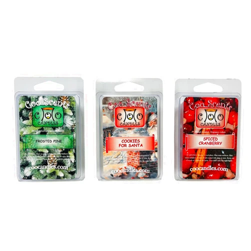 Coo Candles 3 Pack Soy Blend Wickless Candle Bar Wax Melt Cubes - Christmas Holiday Scents, Frosty Pine, Spiced Cranberry and Cookies for Santa