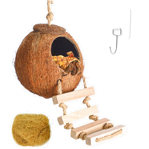 HERCOCCI Gecko Tank Accessories, Hermit Crab Toys Coconut Shell Natural Coconut Husk Hut with Climbing Ladder with Suction Cup for Leopard Gecko Snake Reptiles