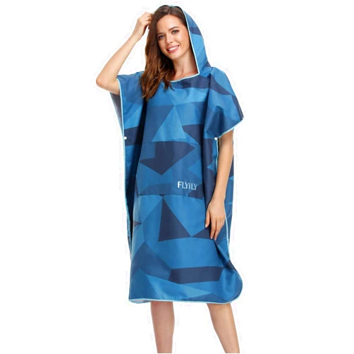 FLYILY Beach Changing Towel Surf Poncho Robe Hooded Wetsuit Adjustable Sleeves Surfing Swimming Bathing (NavyGeometry, Large - Fit for Men&Women)