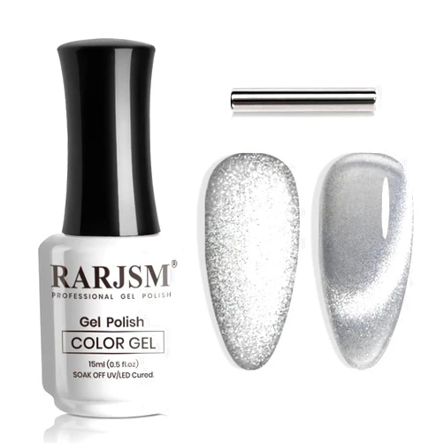 RARJSM Silver Cat Eye Gel Nail Polish 9D Cateye Galaxy Universal Glitter Shimmer Velvet Ice Gel Polish Single Bottle 15ml with Magnetic Stick UV LED Curing Requires Soak Off Home Salon DIY Manicure