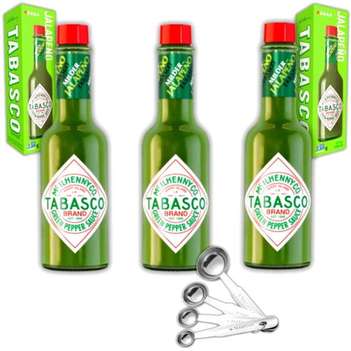 Munch Mania Tabasco Hot Sauce, Green Pepper Sauce 5 oz Bottles (Pack of 3) Bundled with Munch Mania Measuring Spoons Set (Green Tabasco Sauce) - Jalapeno Sauce, Green Hot Sauce - Tobasco