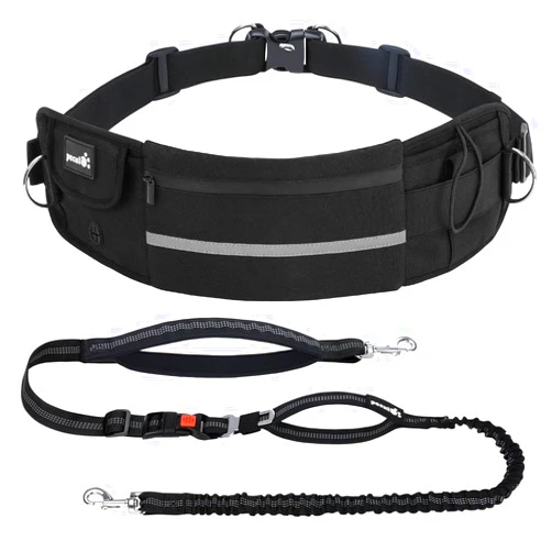 Pecute Dog Leash Hands Free with Pouch, Waist Belt Fanny Pack with Soft Pads, Dual Handles and Durable Bungee for Walking, Dog Seat Belt, Hiking, Running, Training, Black(Up to 180lbs)