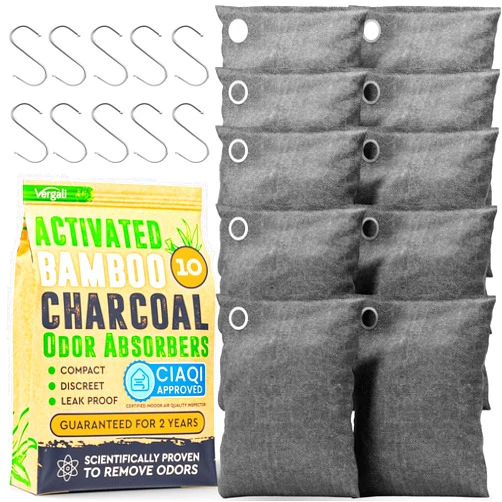 Vergali Activated Charcoal Odor Absorber 10x3.5oz w Hooks. Nature Fresh Bamboo Charcoal Air Purifying Bag Home Closet Air Freshener Deodorizer Odor Eliminator