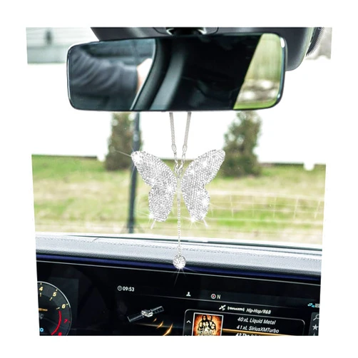 zipelo Bling Butterfly Diamond Car Accessories, Crystal Car Rear View Mirror Charms for Women, Car Decoration Lucky Gifts Hanging Interior Crystal Ornament Pendant Decor for All Cars (White)