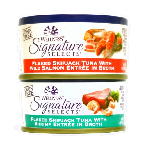 Wellness Natural Grain Free Signature Selects Flaked Wet Cat Food Variety Pack Box - 2 Flavors (Wild Salmon & Shrimp) - 2.8 Ounces Each (12 Total Cans)