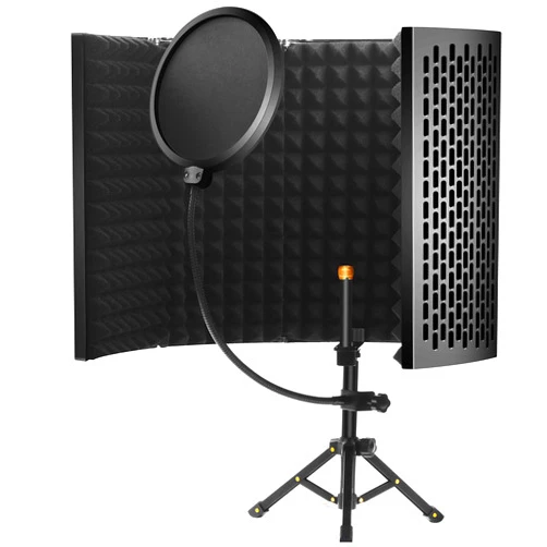 Iliensa Microphone Isolation Shield with Pop Filter and Tripod Stand, 5-Panel Vocal Booth Foldable High Density Absorbent Foam Suit for Blue Yeti & Any Condenser Mic, Studio Sound Recording Singing