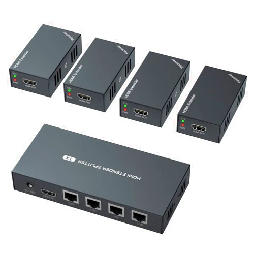 PWAYTEK HDMI Extender Splitter 1x4 1080P@60Hz Over Cat 5E/6/7 Ethernet Cable 50m (165ft) Support EDID Copy POC Function (1 in 4 Out)