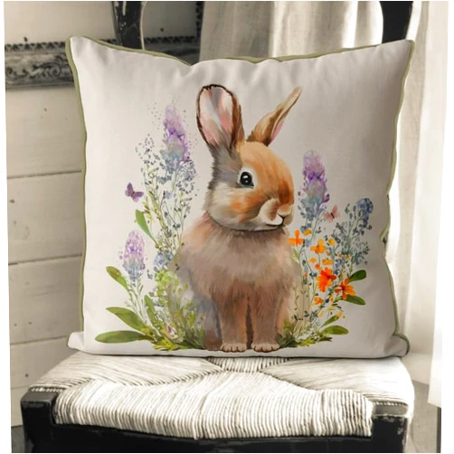 Metr Fabfunky, Rabbit in Lupins Floral Essence on Cream Pillow/Cushion Cover, Zippered Base, Full Piping, 18