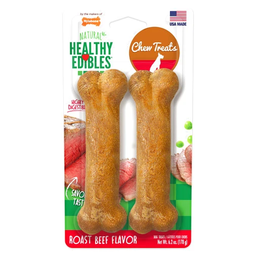 Nylabone Healthy Edibles Natural Dog Chews Long Lasting Roast Beef Flavor Treats for Dogs, Medium/Wolf (2 Count)