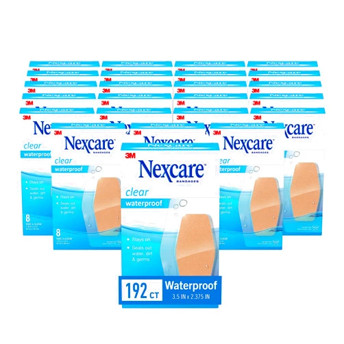 Nexcare Waterproof Bandages, Stays on in the Pool, Holds for 12 Hours, Clear Bandages for Knees and Elbows - 8 Pack Waterproof Bandages