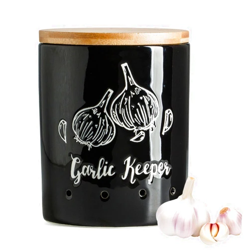 LYEOBOH Garlic Keeper, Garlic Storage, Garlic Holder, Ceramic Garlic Container with Wood Lid, Farmhouse Garlic Keeper for Counter, Garlic Saver for Kitchen, Black