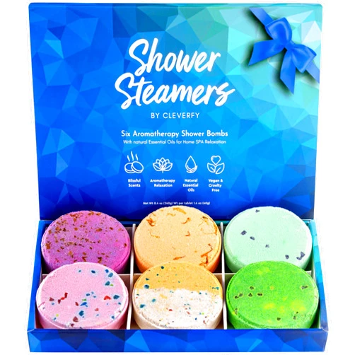 Cleverfy Shower Steamers Aromatherapy - Box of 6 Premium Shower Bombs with Essential Oils. Self Care Christmas Gifts for Teen Girls and Women. Blue Set