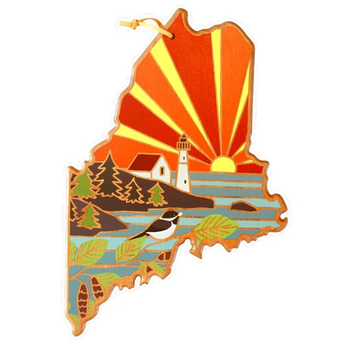 Totally Bamboo Maine State Shaped Cutting Board and Charcuterie Serving Platter with Artwork by Summer Stokes, Includes Hang Tie for Wall Display