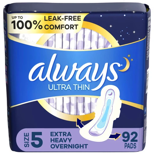 Always Ultra Thin Feminine Pads for Women, Size 5, Extra Heavy, Overnight Absorbency with Wings, 46 Count x 2 Packs (92 Count Total)