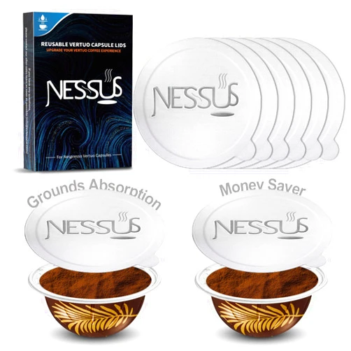 Nessus Foil Seals Lid for Reusable Nespresso Vertuo Pods, Refillable Capsule Aluminum Foil Lids Sticker with Coffee Grounds Absorption Layer, Compatible with Nespresso VertuoLine Machine(60 pcs, 62mm)