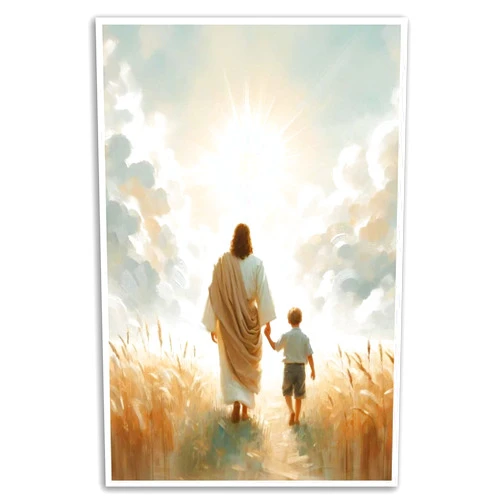 GAWQXEYD Walk With Him Modern Christian Art - Jesus Walks With the Boy Picture Bible Mural - Jesus With Children Painting Catholic Wall Art Canvas Print Poster